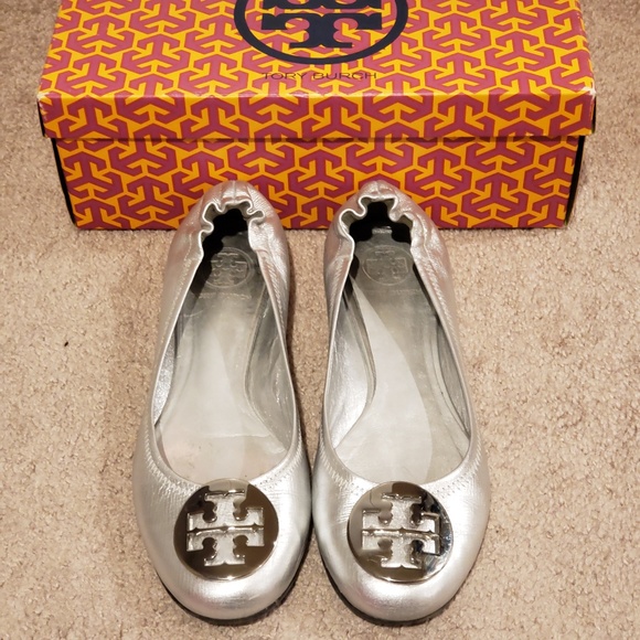 Tory Burch Shoes - Tory Burch Reva Metallic Silver Ballet Flats 8
